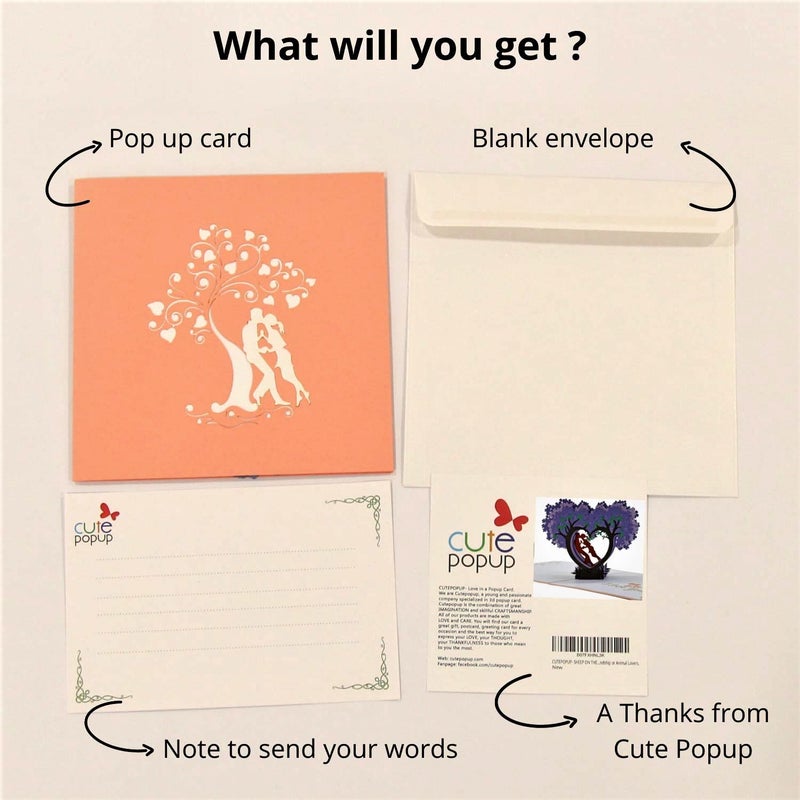 CUTE POPUP Anniversary 3D Pop Up Card Couple and Heart Tree Design - Valentine's Day, Anniversary for Lover - Comes with Shining Envelope (6x6 inches) - Image 4